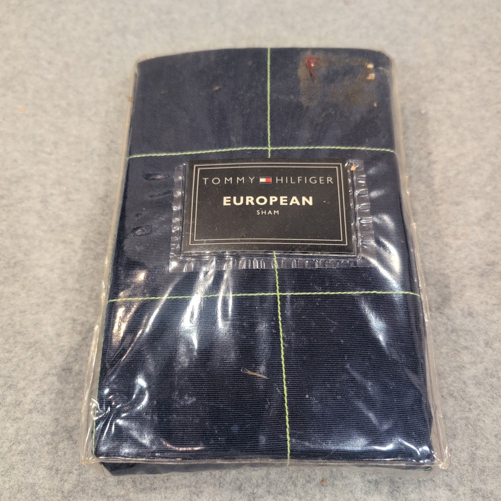 Tommy Hilfiger Grand Cay European Sham Navy Blue Lime Green Windowpane NOS